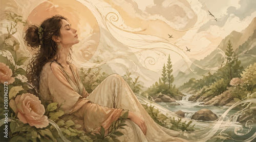 Foto Serene Woman Meditating in Lush Mountain Landscape with Gentle Stream and Soft S