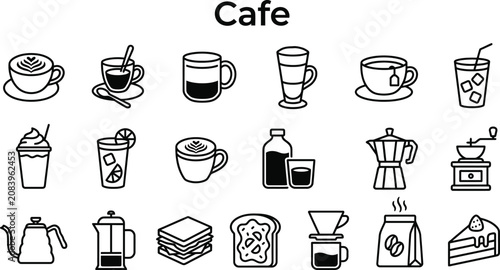 Cafe menu icons feature a collection of various coffee drinks, brewing equipment, and delicious pastries designed for a modern coffee shop branding set.