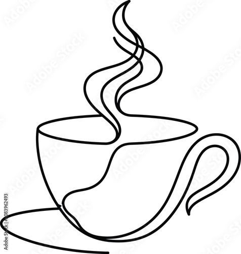 Coffee cup displays a continuous line drawing of a steaming hot beverage served in a simple ceramic vessel against a clean background.