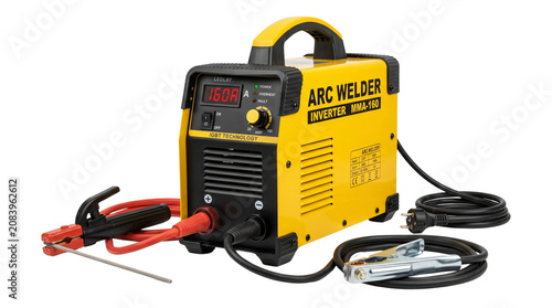 Professional yellow electric arc welding machine with digital display and heavy duty black welding cables attached
