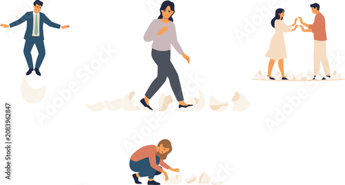 Foto Walking on Eggshells Metaphor Concept Set with Anxious and Cautious Corporate Pr
