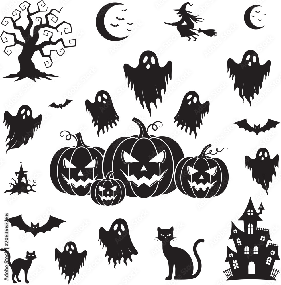 Fototapeta premium Halloween silhouettes set with spooky pumpkins ghosts bats, halloween