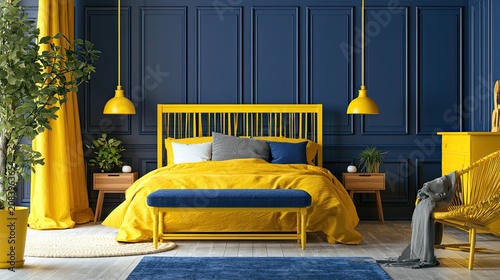Vibrant yellow and deep blue bedroom with modern furnishings