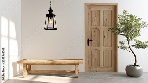 Sunlight streams onto a wooden bench and door in a minimalist room