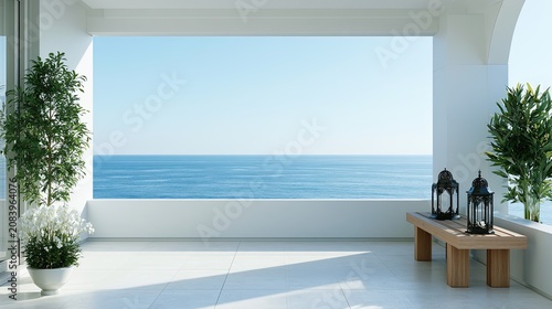 Spacious balcony with ocean view, plants, and seating