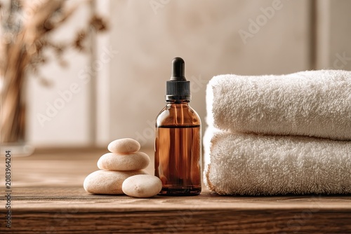 Spa tranquility oil, stones, and soft towels create a serene, natural setting