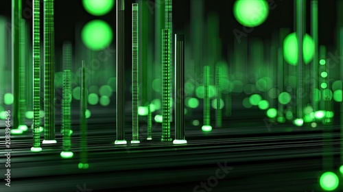 Abstract futuristic digital landscape with glowing green vertical structures