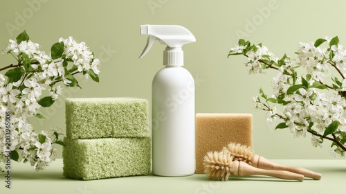 White spray bottle with cleaning sponges and brushes, floral decor