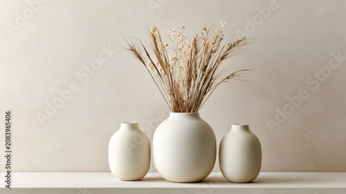 Minimalist arrangement of three cream ceramic vases with dried grasses
