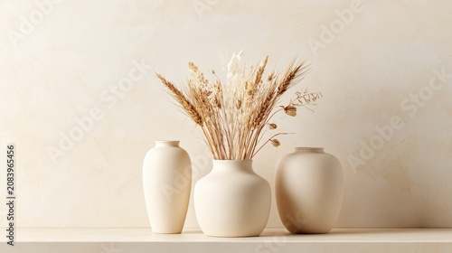 Three muted ceramic vases with dried botanicals on a neutral shelf