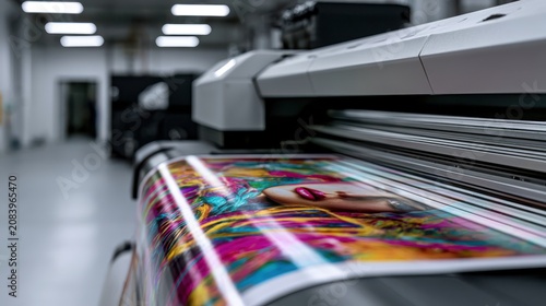 A large format printer producing a vibrant, colorful poster featuring a close-up of a woman's face with bright lipstick and abstract background.
