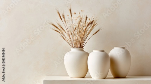 Three matte white ceramic vases with dried wheat and grass on a textured wall