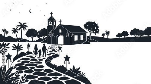 Bild auf Leinwand Spooky church on hill silhouette vector illustration at night with moon over vil
