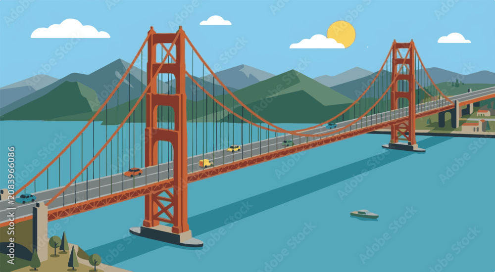 Fototapeta premium The iconic Golden Gate Bridge stands tall in San Francisco Bay under a sunny sky with mountains.