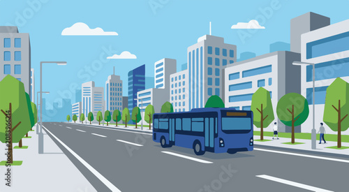 A blue bus drives down a city street lined with trees and buildings.