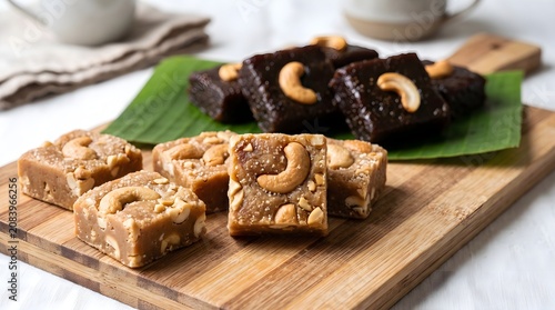 Sri Lankan milk toffee and dodol sweets on a wooden board