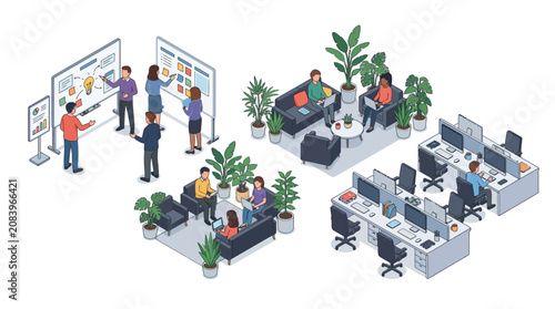 Foto Isometric view of a modern office space with collaborative and focused work zone