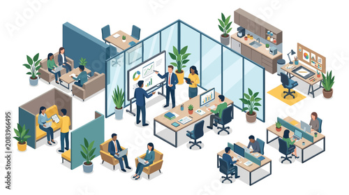 Bild auf Leinwand Modern Isometric Office Workspace with Diverse Professionals Collaborating