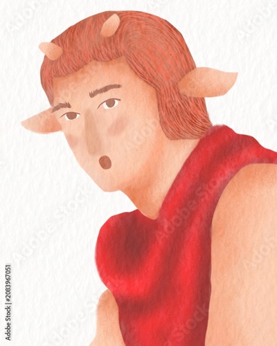 Photos Hand Drawn Digital Illustration of a Young Mythical Faun with Horns and Surprise
