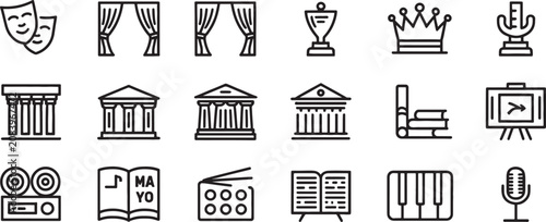 Foto Building Architecture and Civic Icons Set with Shield, Curtains, Columned Temple