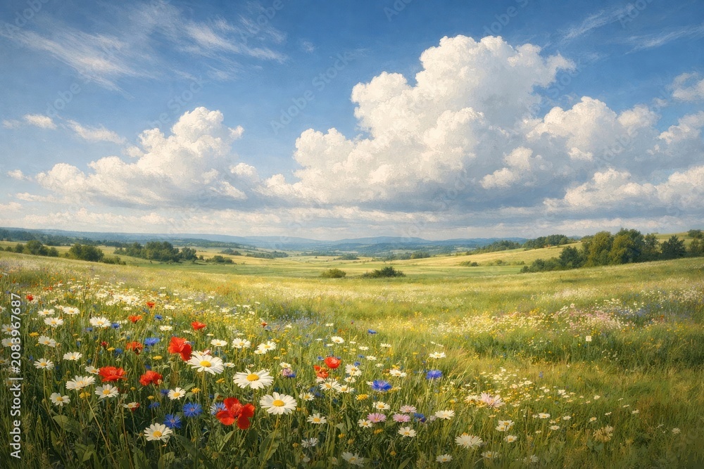 Fototapeta premium Vibrant wildflowers under vast sky.
