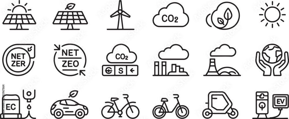 Fototapeta premium Climate Technology Icons Set with Solar, Wind, Co2 Clouds, Eco Leaves, and Transport Ev Charging Symbols