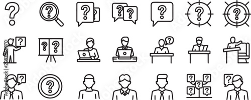 Photos Question Mark Icons Set with Magnifier, Speech Bubbles, and People at Podium for