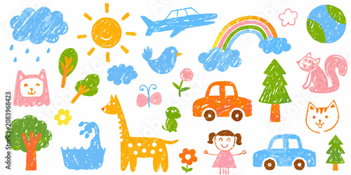 Φωτογραφία Colorful assortment of hand drawn style children s drawings on white background