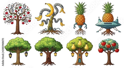 Colorful cartoon fruit trees variety.
