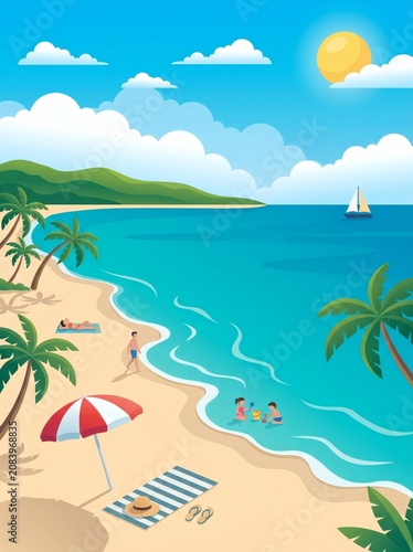 A serene beach scene with palm trees and people enjoying the sun.