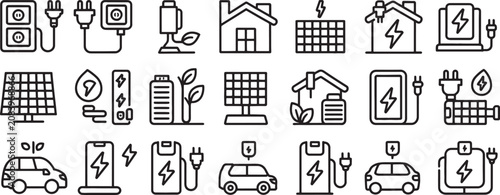 Canvastavla Energy Saving Icon Set with Lightning Symbols, Solar Panels, House, Electric App