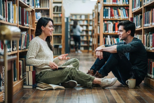 Young man and woman sitting on library floor talking while studying together surrounded by many books.