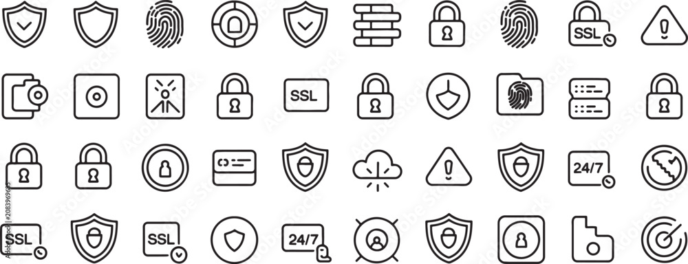 Fotografie Security Icons Set with Shield, Lock, Ssl, Fingerprint, Warning, and 24 7 Protec