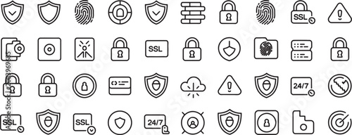 Fotografie Security Icons Set with Shield, Lock, Ssl, Fingerprint, Warning, and 24 7 Protec
