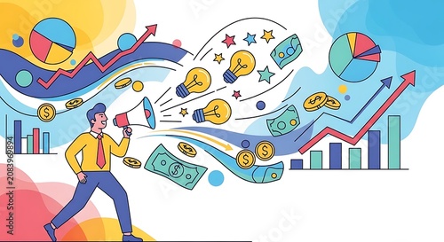 Businessman with megaphone and finance growth.
