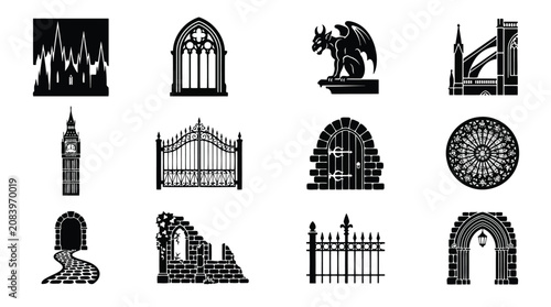 Fotografía Set of black gothic architecture icons with cathedral gargoyle gate arch and old