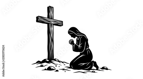 Foto Woman Praying at Wooden Cross