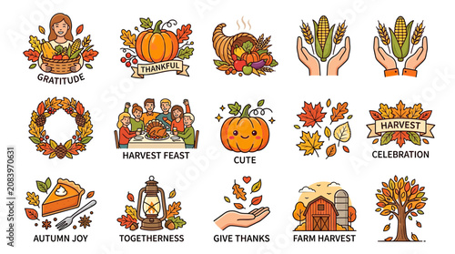 Photos Thanksgiving Autumn Harvest Icons: Pumpkin, Cornucopia, Pie, Family Feast