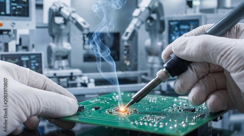 Gloved hands soldering electronic components on circuit board in modern high-tech lab