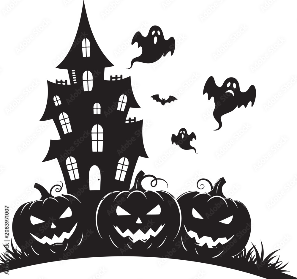 Fototapeta premium Spooky haunted house silhouette with jack o lanterns and ghosts