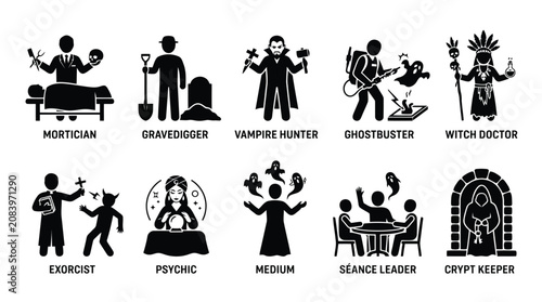 Billede på lærred Set of ten icons showing paranormal characters and supernatural people performin