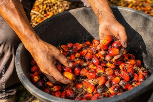 Dirty hands of agricultural worker sorting fresh red palm oil fruits in black bucket on tropical plantation during harvest season