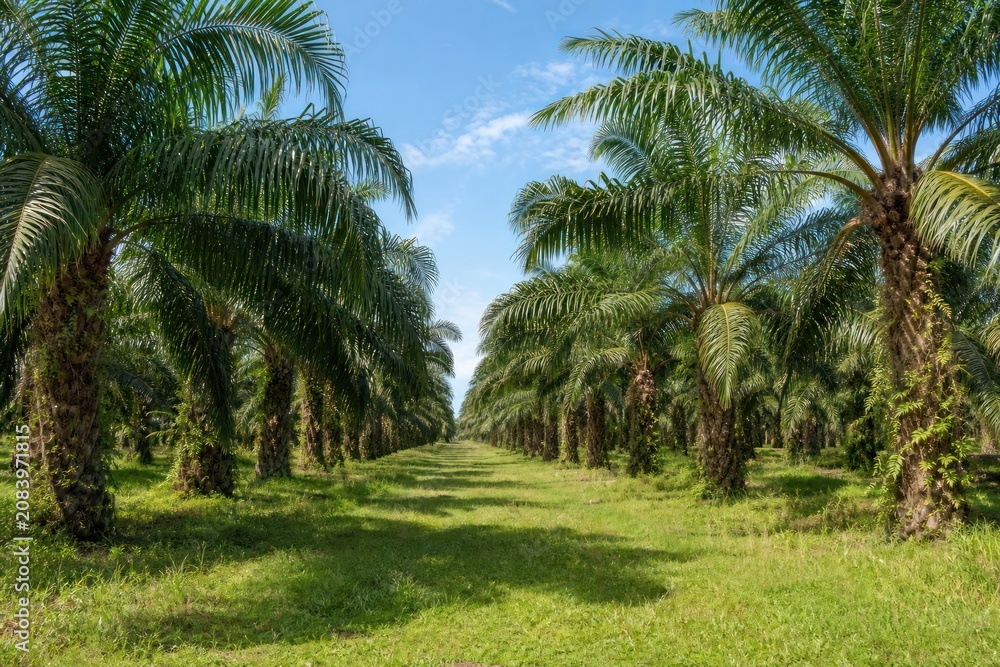 Fototapeta premium Oil palm plantation rows growing under bright blue sky, vibrant green tropical agricultural landscape representing sustainable farming and palm oil industry