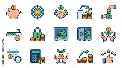 Financial icons for business and investment.