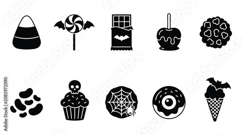 Photos Set of black halloween candy and dessert icons for trick or treat celebration an