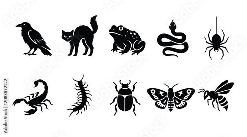 Bild auf Leinwand Set of halloween themed black silhouettes including raven cat toad snake spider