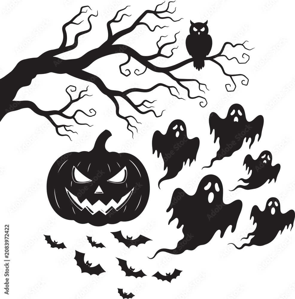 Fototapeta premium Halloween scene silhouette with scary pumpkin, ghosts and owl in tree