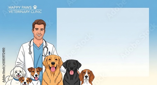 Veterinarian with happy dogs in clinic.