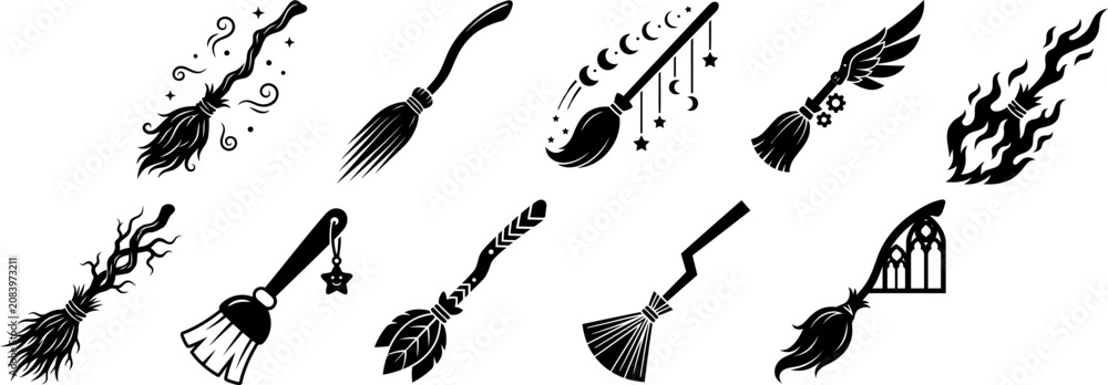 Obraz premium Set of halloween witch broomstick icons with diverse artistic designs and patterns halloween decor halloween