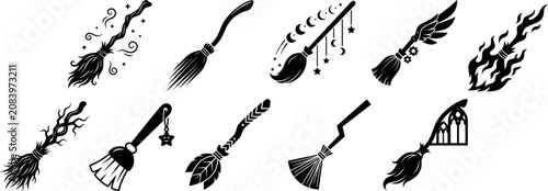 Obraz na płótnie Set of halloween witch broomstick icons with diverse artistic designs and patter